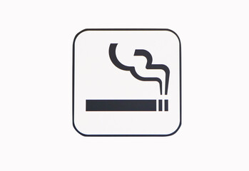 Icon or sign for Smoking area zone black symbol isolated on white background. Unidentified people smoke in designated smoking area. For installation on the wall of a room with space allowed. © Thepporn
