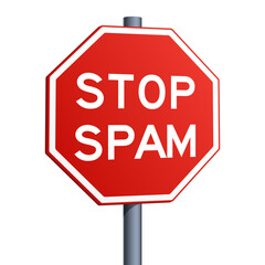 Stop Spam red road sign isolated on white background. Conceptual illustration. Pop art style hand drawn color vector illustration.