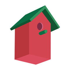 Icon red wooden birdhouse with green roof isolated on transparent and white background. Closeup element for spring nature design decoration. Vector cartoon illustration. Hello spring. 