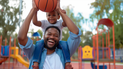 African American father and son playing basketball, joy in a suburban setting.
