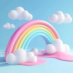Summer 3d realistic render scene colorful rainbow with clouds. Summertime object, Holiday web poster, child flyer, seasonal brochure. Nursery modern illustration  ai technology
