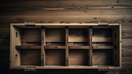 Open wooden crate with empty compartments for artisanal goods