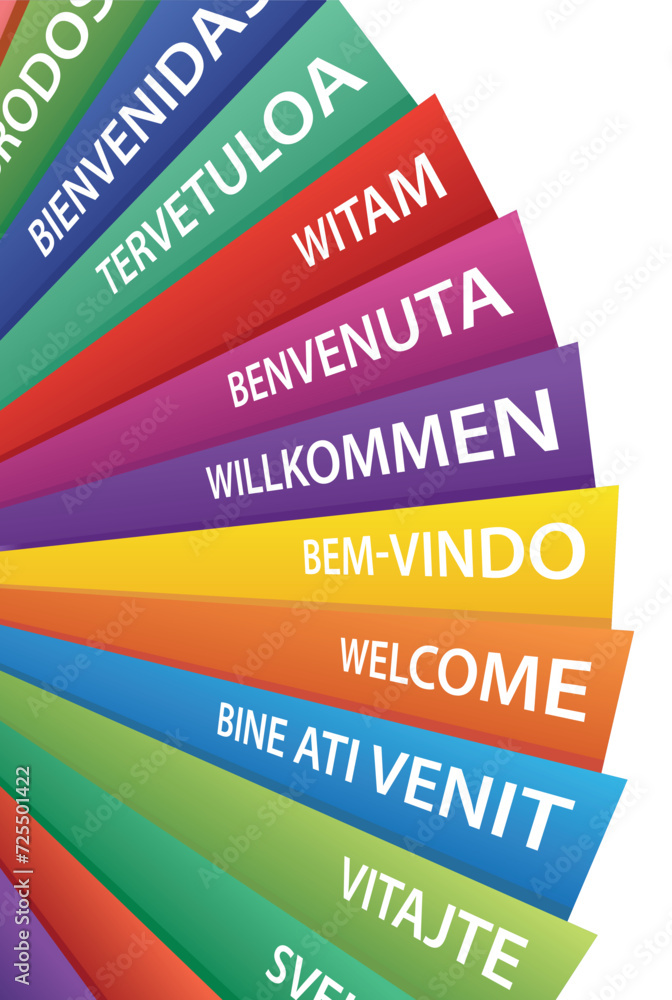 Fototapete vector illustration in a4 page format with word welcome translated useful for presentations, banners