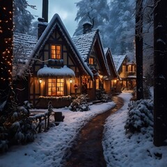 Houses in the village at night in winter. Christmas and New Year concept.
