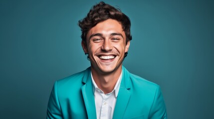 Fototapeta premium Vibrant blue outfit on young man against turquoise background