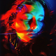 Neon Beauty: A Young Attractive Female Model with Blue Hair in a Colorful Abstract Portrait