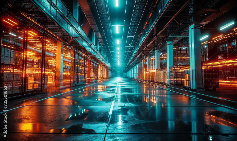 Poster advanced virtual warehouse interface with holographic storage layout and futuristic cyber infrastruc