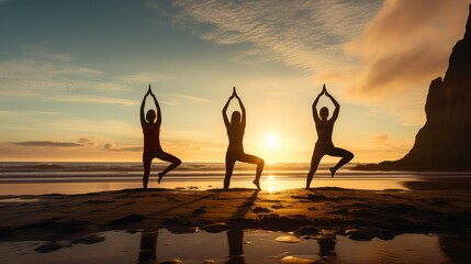 Silhouettes of three female standing in yoga pose on beach at sunrise. Group of people practicing healthy lifestyle. - obrazy, fototapety, plakaty