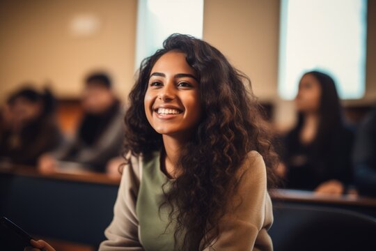  happiness of a female student in a lecture hall, glancing away with a cheerful expression, conveying a positive and engaged attitude toward education