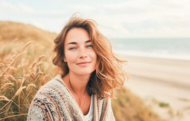 Portrait in the beach of a pleased 30 years old woman. Lifestyle portrait photography of a satisfied woman in her 30s against a beach background.  - obrazy, fototapety, plakaty