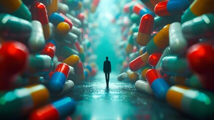Silhouette of a man against the background of tablets and capsules. Big Pharma illustration. Pharmaceutical industry - obrazy, fototapety, plakaty
