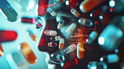 Human face on the background of tablets and capsules. Big Pharma illustration. Pharmaceutical industry - obrazy, fototapety, plakaty