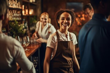 A happy waitress engages with a group of friends, serving drinks in a pub, radiating positive energy and contributing to the enjoyment of the gathering