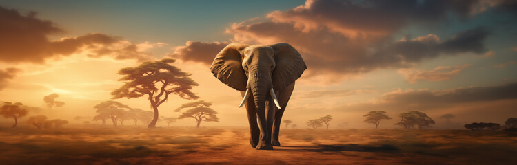 Fototapeta na wymiar Cinematic African Elephant banner with copy space. Africa safari wildlife animal and savanna landscape graphic.