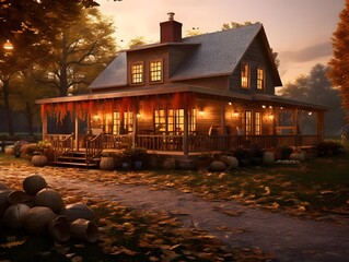 3D rendering of a wooden cottage in the autumn forest at sunset