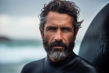Portrait of a handsome bearded man wearing wetsuit and looking at camera - Powered by Adobe