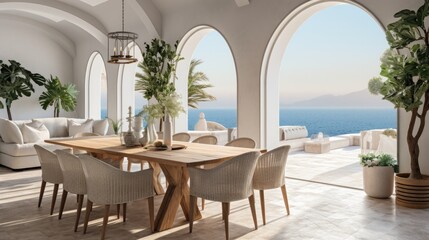 Coastal, mediterranean home interior design of modern dining room with arched ceiling