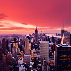New York City Manhattan skyline panorama with Empire State Building at sunset.