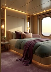 luxurious cruise liner cabin designed with a modern aesthetic. The overall design is chic and contemporary, with a color palette that's both vibrant and soothing.