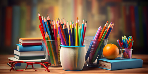 Fototapeta premium Back to school concept Group of school supplies paint pencils paper notepad on wooden table Ge