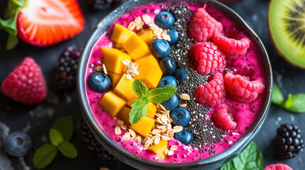 Obraz na płótnie Canvas Colorful Healthy Breakfast Bowls with Fresh Fruit and Cereal