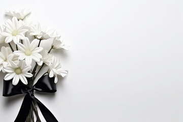 white flowers with black ribbon on white background, copy space for text