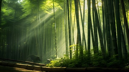 Panoramic view of a bamboo forest. Sun rays passing through the trees.