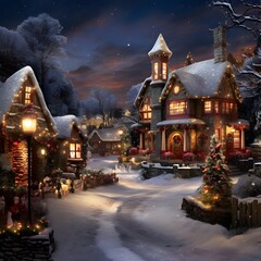 Fototapeta na wymiar Winter night in the village. Christmas and New Year's background. Illustration