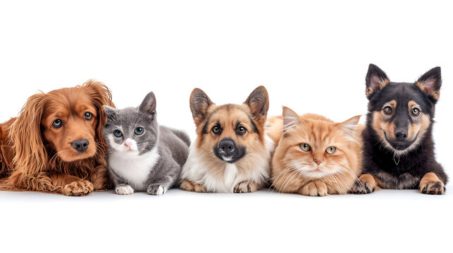 Group of cute pets on white background. Banner design. generative ai