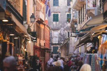 Foto op Plexiglas Mediterraans Europa Corfu street view, Kerkyra old town beautiful cityscape, Ionian sea Islands, Greece, a summer sunny day, pedestrian streets with shops and cafes, architecture of historic center, travel to Greece
