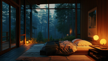 Nighttime Serenity: A Cozy Bedroom Amidst the Pines