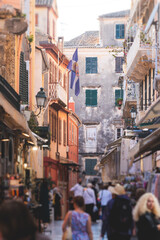 Corfu street view, Kerkyra old town beautiful cityscape, Ionian sea Islands, Greece, a summer sunny day, pedestrian streets with shops and cafes, architecture of historic center, travel to Greece