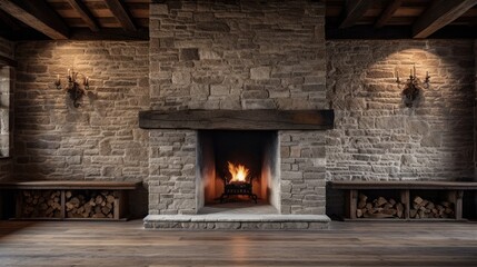 Fototapeta na wymiar Front view of a natural stone wall in a house with the fireplace in front, wooden beams and floors