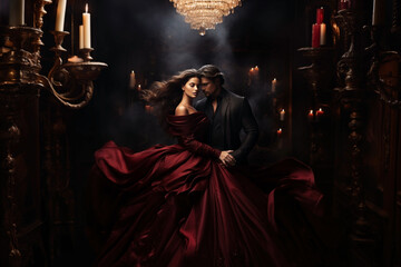 A girl in a red flowing dress and a man in a black suit on a dark classic interior background.  - obrazy, fototapety, plakaty