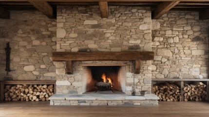 Front view of a natural stone wall in a house with the fireplace in front, wooden beams and floors