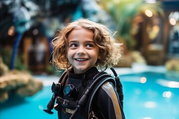 Portrait of a cute little boy in scuba diving suit looking at camera - obrazy, fototapety, plakaty