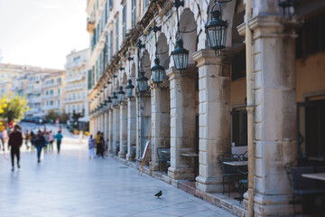 Corfu street view, Kerkyra old town beautiful cityscape, Ionian sea Islands, Greece, a summer sunny day, pedestrian streets with shops and cafes, architecture of historic center, travel to Greece