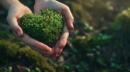 Human hands gently cradle a heart-shaped piece of moss with a young plant sprouting, symbolizing love and care for the environment. - obrazy, fototapety, plakaty