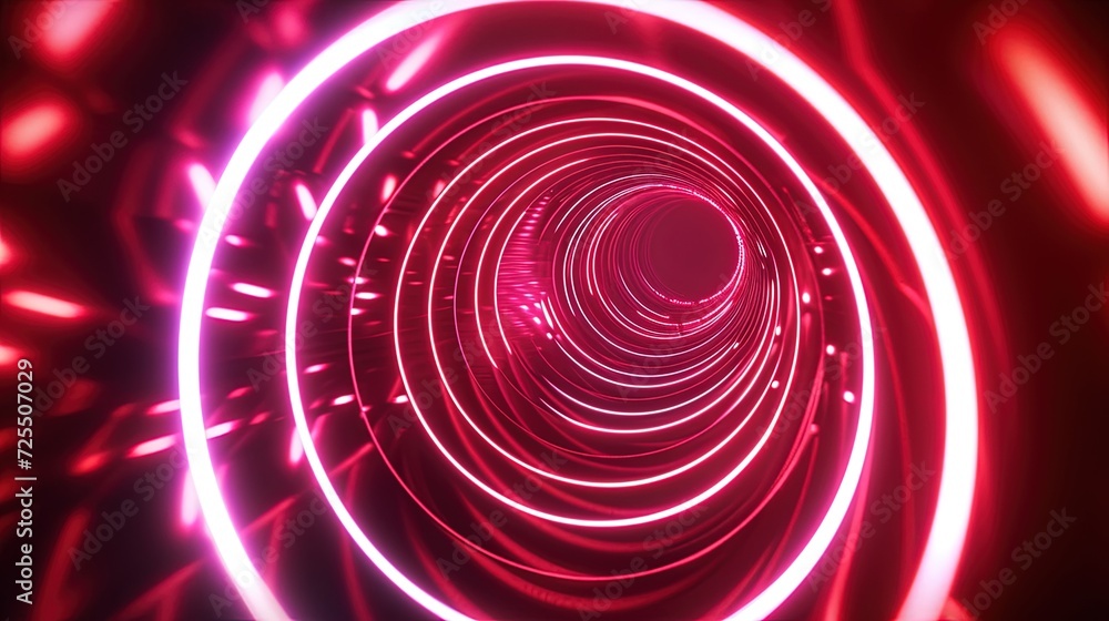 Poster abstract image featuring a perspective view of a tunnel illuminated with radiant red neon lights, cr