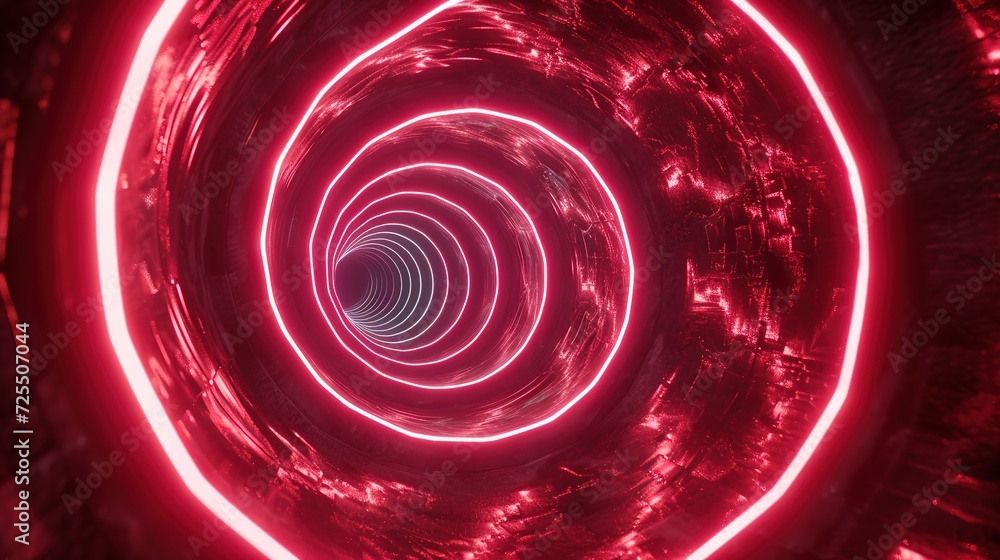 Poster abstract red neon lights form a spiraling tunnel, creating an intense visual illusion of depth and m