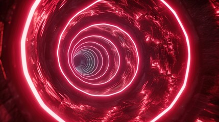 Abstract red neon lights form a spiraling tunnel, creating an intense visual illusion of depth and motion in a dark environment.