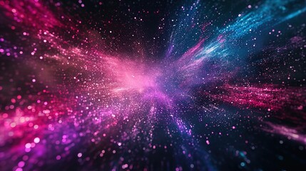 Digital art of a hyperspace travel effect, with a dynamic burst of pink and blue particles resembling a cosmic nebula or starfield. - obrazy, fototapety, plakaty