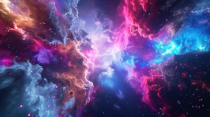 A breathtaking digital representation of a cosmic nebula, featuring interstellar clouds with a spectacular palette of pink and blue hues scattered with stars. - obrazy, fototapety, plakaty