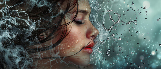 A serene female face submerged in water, surrounded by swirling droplets, capturing a moment of tranquil beauty