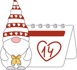gnome with calendar and highlighted number 14, Valentine's Day illustration  