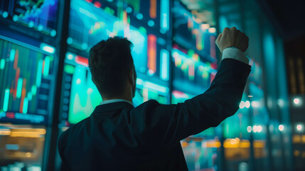 happy investor or businessman clenching his fist in joy from take profit in stock or currency market