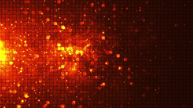 Colorful animation of bright particles flying horizontally. Dynamic particles float chaotically in slow motion in space. Shimmering sparkling squares. Real colored particles in the air. 3D. 4k animati