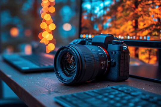 Professional Dslr Camera Lens Glowing in Vibrant Neon City Lights