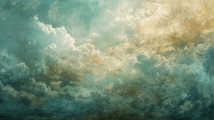 Digital painting of an abstract sky with textured clouds, overlaid with a vintage turquoise filter, creating a dreamlike atmosphere.