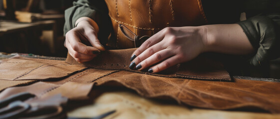 Artisanal precision at work, skilled hands craft leather with care, showcasing the timeless art of leatherworking